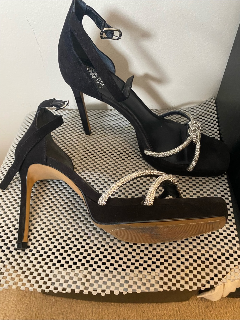 Vince Camuto Black Suede Ankle-Strap Heels with Rhinestone Knot - Picture 2 of 6